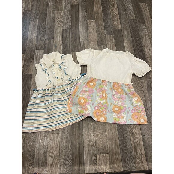 Vintage 60s 70s Baby toddler 4t Dress Mod Floral Pinstripes dress set 2 peasant